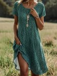 Allover Print Crew Neck Dress Vacation Style Short Sleeve Dress For Spring & Summer Women's Clothing