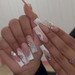 24 Pcs Luxury Long Coffin French Nail Set Pretty Shiny Rhinestones Flower Butterfly Paved For Women Wedding Banquet Fake Nails