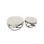 Smte Set Of 2 Marble Top Round Lugee Productions Coffee Tables White And Silver With Keychain