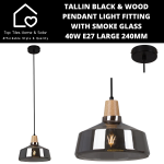 Tallin Black Wood Pendant Light Fitting With Smoke Glass - 40W E27 240MM