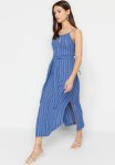 Belted Straight Cut Slit Detailed Midi Woven Dress - Indigo