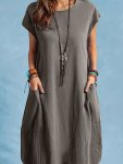 Crew Neck With Pocket Loose Dress Casual Short Sleeve Dress For Spring & Summer Women's Clothing