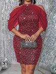 Plus Size Contrast Mesh Cold Shoulder Dress Elegant Mock Neck Slim Dress Women's Plus Size Clothing