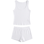 Elegant Ribbed Cotton Tank And Shorts Lounge Set - White