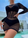 Sexy Women Fishnet Long Sleeves Cover Up Without Bikini Hollow Out Bodycon Dress Vacation Day See Through Beachwear Summer Women