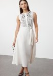 Belted Embroidered Midi Woven Dress - White