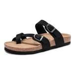 Fitory Women's Slide Sandals With Soft Cork Footbed Comfort Arch Support Flat Sandals For Summer Black Suede Size 6