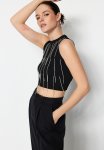 Crop Stone Detailed Knitwear Top - Black