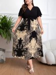 Plus Size Floral Print Paneled Belted Dress Casual Surplice Neck Short Sleeve Dress For Spring & Summer Women's Plus Size Clothi