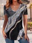 Marble Print V Neck T-Shirt Casual Short Sleeve T-Shirt For Spring & Summer Women's Clothing