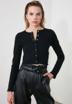 Buttoned Crop Knitted Blouse - Black