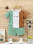 2-PIECE Toddler Baby Boy's Casual Letter Print Color Block Short Sleeve T-Shirt And Shorts Set Comfortable Summer Outfit Beach V