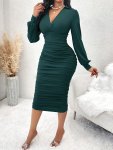 Ruched Surplice Neck Bodycon Dress Elegant Long Sleeve Collared Solid Color Midi Dress For Spring & Summer Women's Clothing
