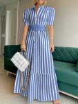 Striped Print Single Breasted Belted Dress Elegant Ruffle Hem Short Sleeve Swing Dress For Spring & Summer Women's Clothing