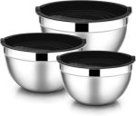 Teem Stainless Steel 304 Mixing Bowls With Lids Set Of 3 Large Medium Small 1.5L 2L 3L 1.6QT 2.1QT 3.2QT Food-grade Metal Nestin