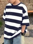 Boys Stylish Crew Neck Striped Comfortable Versatile Short Sleeve T-Shirt Boys Tee Tops