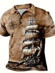 Men's Vintage Sailing Boat & Compass Pattern Print Short Sleeve Button Up Lapel Shirt For Summer Daily Men's Tops Golf Shirts
