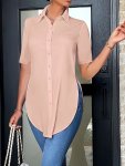 Split Button Front Shirt Casual Short Sleeve Curved Hem Shirt Women's Clothing