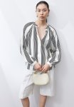 Balloon-sleeved Blouse - White Striped