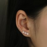 Star And Tiny Flower Climber Stud Earrings Cute Sweet Style Sparkly Ear Crawlers With Rhinestones Inlaid Elegant Jewelry For Wom