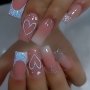 24PCS Glossy Medium Square Fake Nails Pinkish Gradient Press On Nails With Glitter Heart And Blue Shiny Sequin Design Sparkling Full Cover False Nails