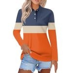 Polo Shirts For Womens V Neck Lapel Long Sleeve Tops With Collar Button Fall Loose Golf Casual Business Tunic BLOUSES3-ORANGE Me