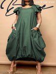 Plus Size Casual Dress Women's Plus Denim Print Butterfly Sleeve Round Neck Pocketed Baggy Maxi Dress