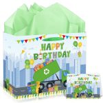 Eobecy Trash Truck Birthday Gift Bags With Handles Tissue Paper And Greeting Card Garbage Truck Wrapping Paper For Boys Kids Bir