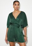 Mock Wrap Grown On Sleeve Playsuit - Green