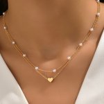 2PCS SET Fashion Heart Pendant Necklace Elegant Style Faux Pearl Decor Chain Necklace Casual Accessories