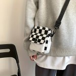 Checkered Canvas Crossbody Bag Pocket Front Square Purse MINI Shoulder Bag For Phone Key