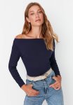 Boat Neck Low Sleeve Slim Top - Navy