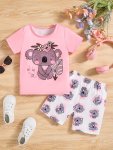 2 Pcs Girl's Casual Underwear Set Cute Koala Print Short Sleeve T-Shirt & Shorts Comfy & Skin-friendly Set As Daily Gift