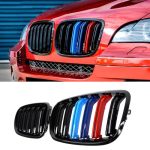 Maxdom Replacement Front Upper Grill Fit For Bmw 2007-2013 X5 E70 2008-2014 X6 E71 Gloss Black Double Slats Tricolor Abs Grille