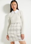 Ecru Plaid Knit Detailed MINI Woven Dress