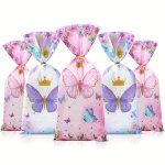 25/50/100PCS Pink Purple Butterfly Candy Bags Crown Butterfly Happy Birthday Party Supplies Plastic Biscuit Food Gifts Packing B
