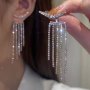 Silvery Shiny Long Tassel Earrings Wedding Party Earrings Lightweight Earrings Square Artificial Crystal Zircon Pendant Earrings Cute Trendy Party Jewelry Holiday Birthday Halloween Gift