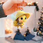 1PC 2D Acrylic Cute Bee With Backpack Design Rearview Mirror Decorative Pendant Backpack Keychain Decorative Pendant Home Decora
