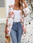 Floral Print Open Front Tunic Top Elegant 3 4 Sleeve Curvy Hem Top Women's Clothing