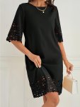 Solid Color Hollow Out Dress Elegant Half Sleeve Crew Neck Loose Dress For Spring & Fall Women's Clothing