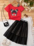 Figure Print Girls 2PCS Asymmetrical Letter Tape T-Shirt Top & Mesh Spliced Midi Skirt Set Holiday Summer Outfit