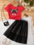 Figure Print Girls 2PCS Asymmetrical Letter Tape T-Shirt Top & Mesh Spliced Midi Skirt Set Holiday Summer Outfit