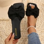 Women's Bowknot Decor Slide Sandals Fashion Square Open Toe Flat Summer Shoes Lightweight Slide Sandals