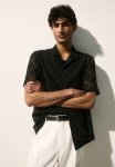 Regular Fit Crochet-look Resort Shirt - Black