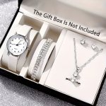 6PCS SET Women's Watch Casual Round Pointer Quartz Watch Analog Pu Leather Wrist Watch & Jewelry Set Gift For Mom Her