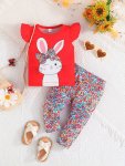 Baby's Cute Bunny Print 2PCS Casual Outfit Cap Sleeve Top & Floral Pattern Pants Set Toddler & Infant Girl's Clothes For Daily h