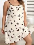 Women's Plus Casual Sleep Dress Plus Size Butterfly Print Round Neck Frill Trim Slip Nightdress