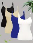 Solid Cami Top 4 Pack Versatile Crew Neck Spaghetti Strap Top For Summer Women's Clothing