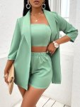 Elegant Solid Color Three-piece Set Open Front Outerwear & Crop Tube Top & Elastic Waist Shorts Outfits Women's Clothing