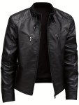 Trendy Design Men's Solid Pu Leather Stand Collar Zip Up Long Sleeve Motorcycle Jacket Chic And Stylish Jacket For Autumn And Wi